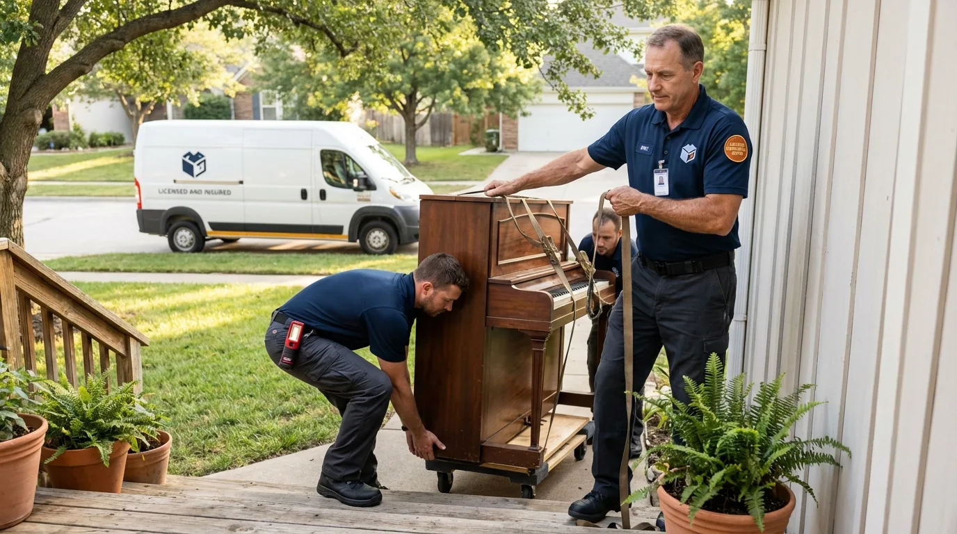 Licensed piano movers securing grand piano in Bally, PA