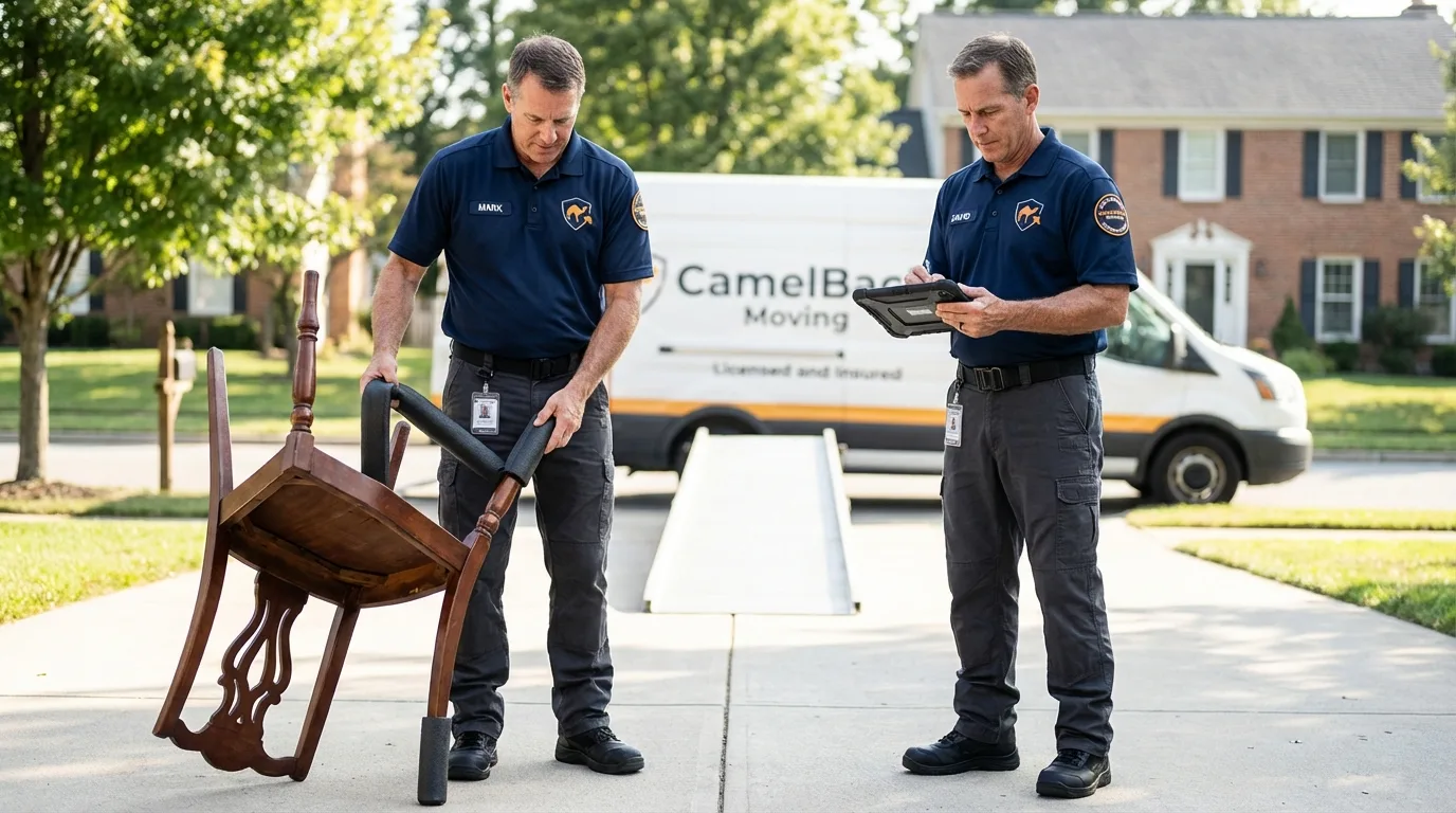 Movers inspecting furniture for damage prevention before loading in Bally, PA