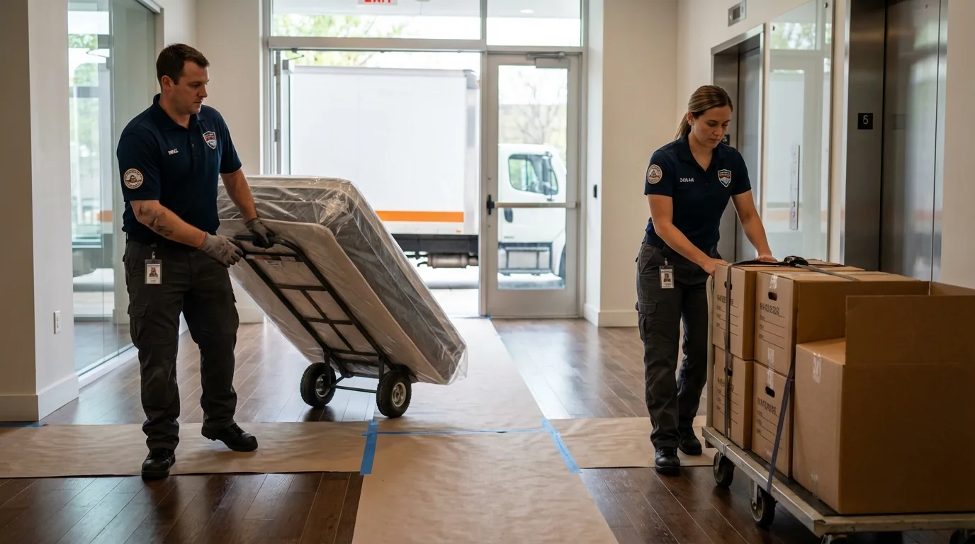 Professional apartment movers loading elevator in Bally, PA